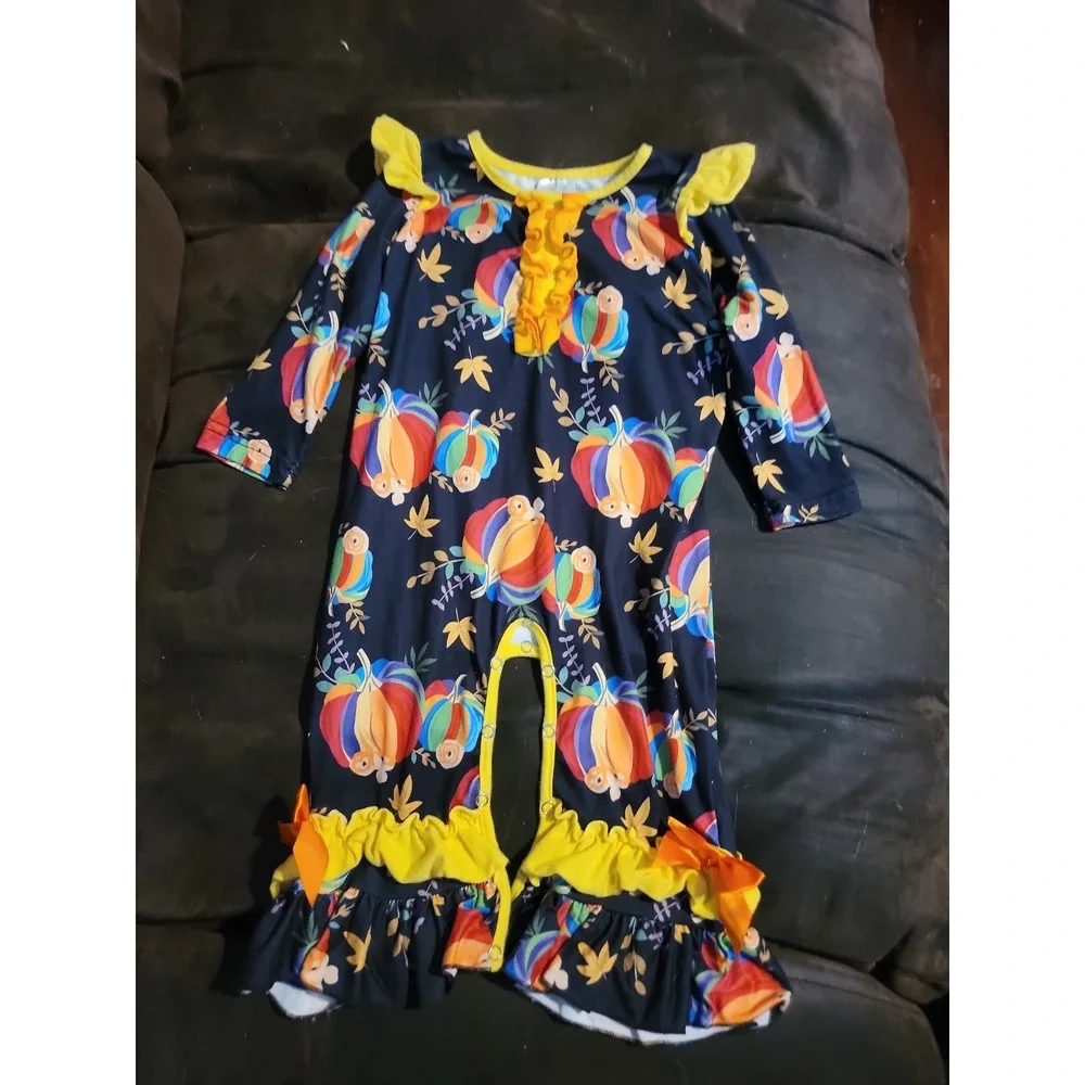 Boutique ruffle leg rainbow pumpkin one piece romper size 12 18 months